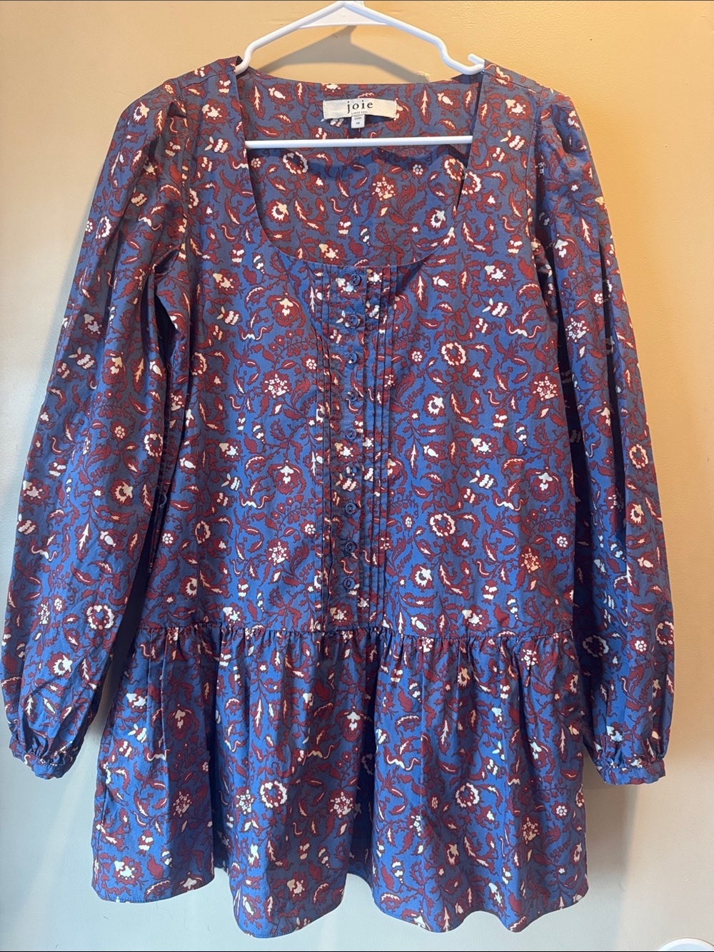 Joie Damarre Floral Pintuck Peplum Tunic Top Long Sleeve Square Neck